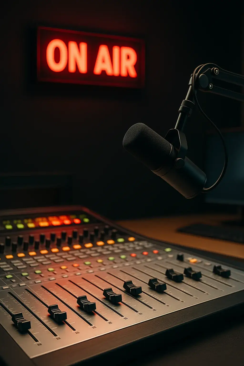 Professional radio studio with ON AIR sign and mixing console