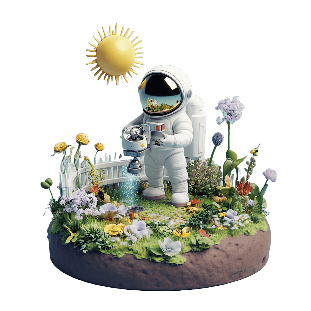 Digital ecosystem farmer - Astronaut tending to a futuristic AI-powered garden representing brand growth and cultivation