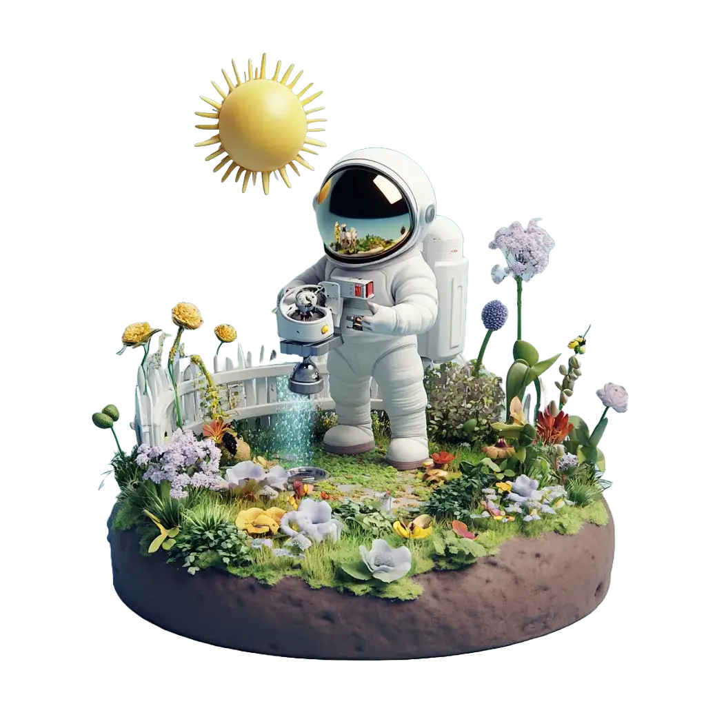 Digital ecosystem farmer - Astronaut tending to a futuristic AI-powered garden representing brand growth and cultivation