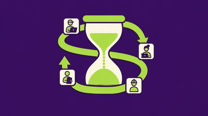 Sanduhr mit umlaufendem Workflow-Pfeil und Worker-Symbolen